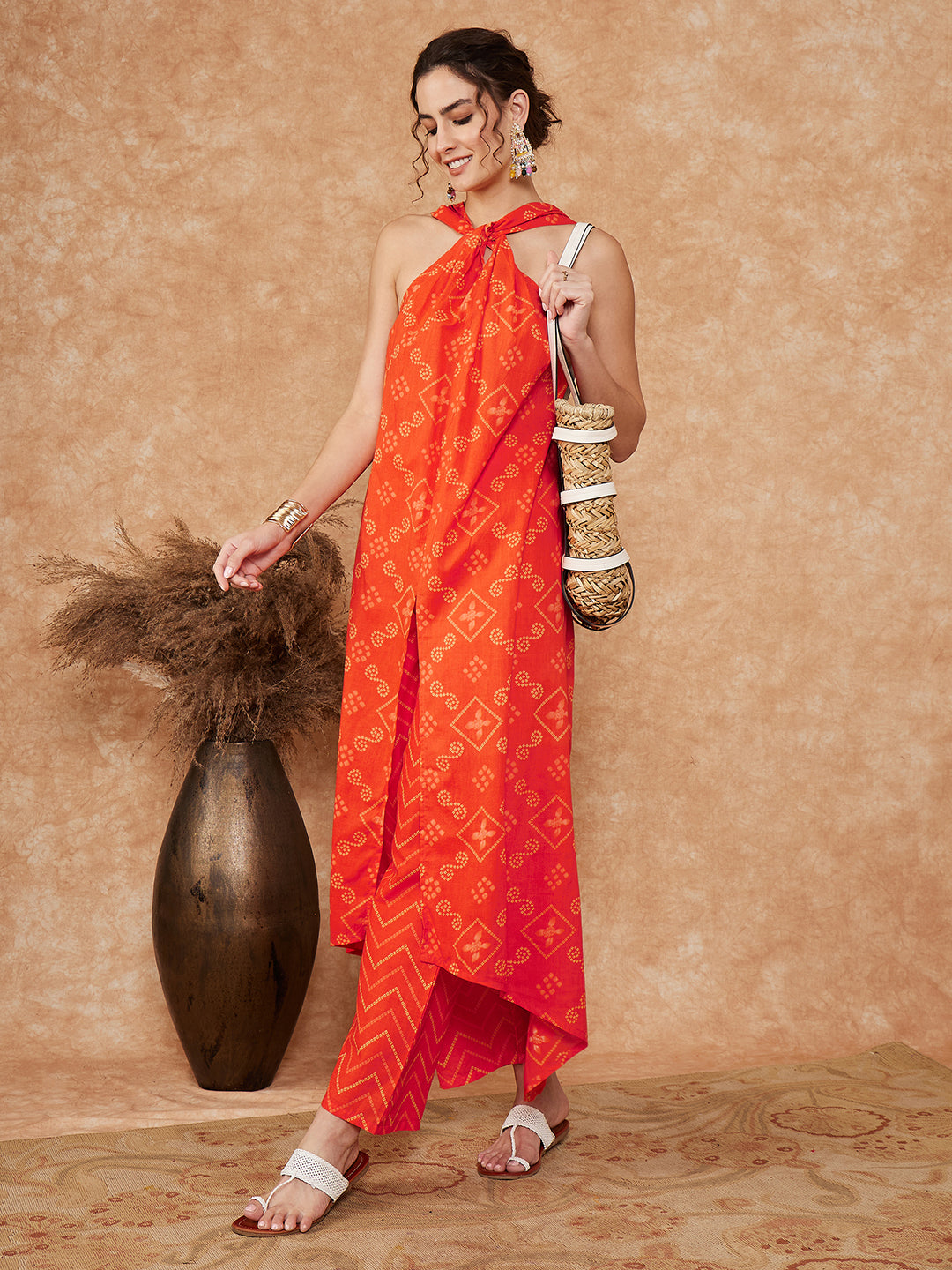 InWeave Women's Orange S Print Twisted Neckline Kurta Pant Set - Swadesiicart