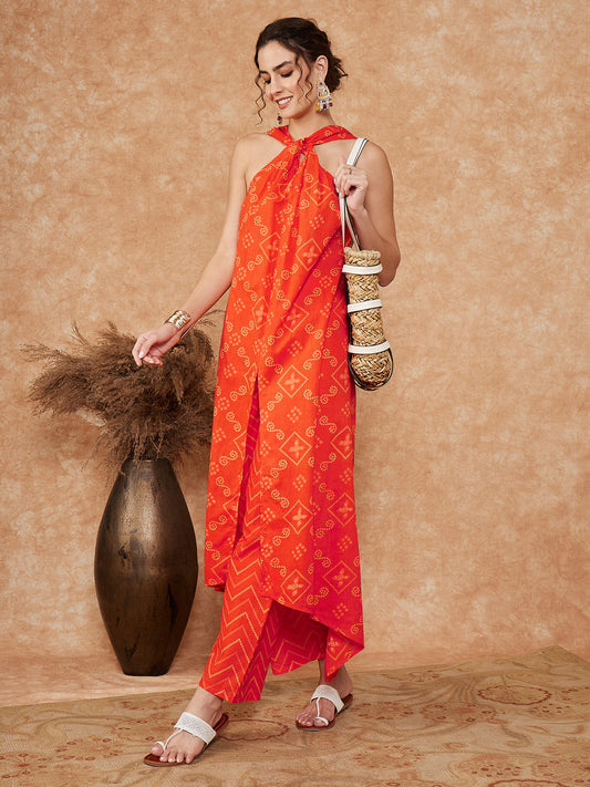 InWeave Women's Orange S Print Twisted Neckline Kurta Pant Set - Swadesiicart