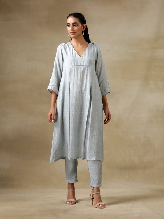 trueBrowns Grey Bandhani Printed Silk Yoke Kurta Pant Set | Swadesiicart