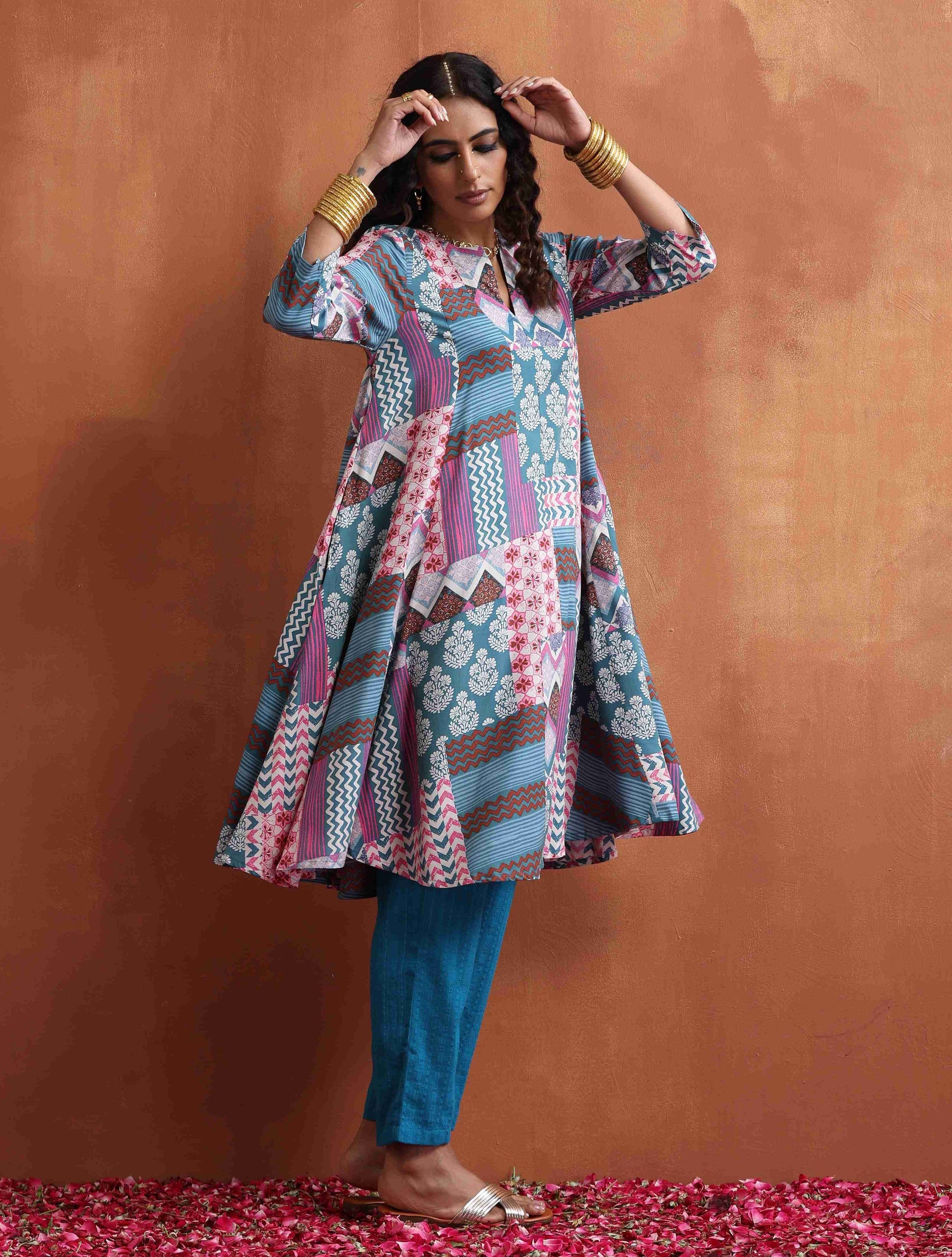 trueBrowns Blue Print Flared Anarkali Kurta Co-ord Set - Swadesiicart