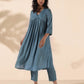 trueBrowns Turquoise Viscose Dobby Flared Kurta Pant Set | Swadesiicart