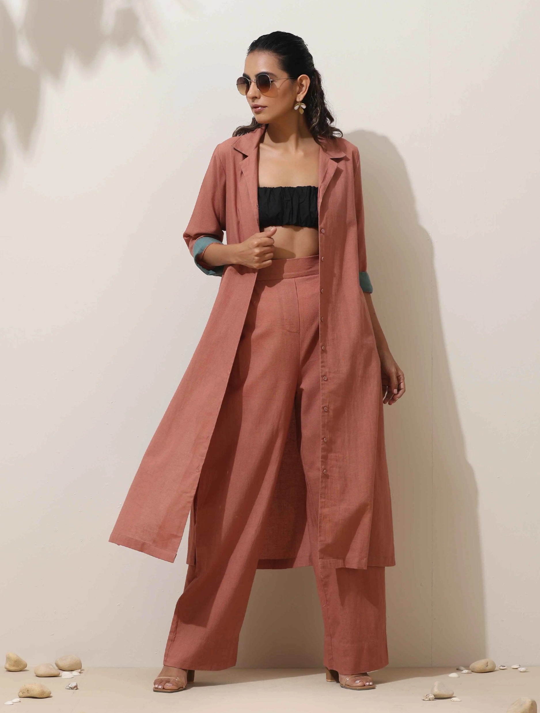 trueBrowns Peach Cotton Linen Kurta Pant Set | Swadesiicart