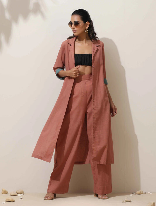 trueBrowns Peach Cotton Linen Kurta Pant Set | Swadesiicart