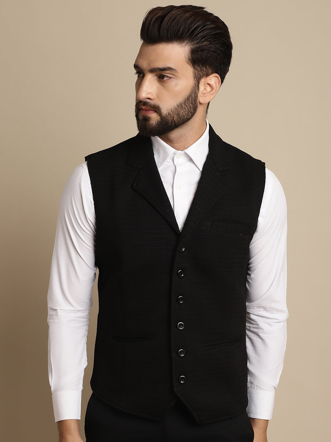 Even Apparels Men's Black Waistcoat with Notched Lapel | Swadesiicart