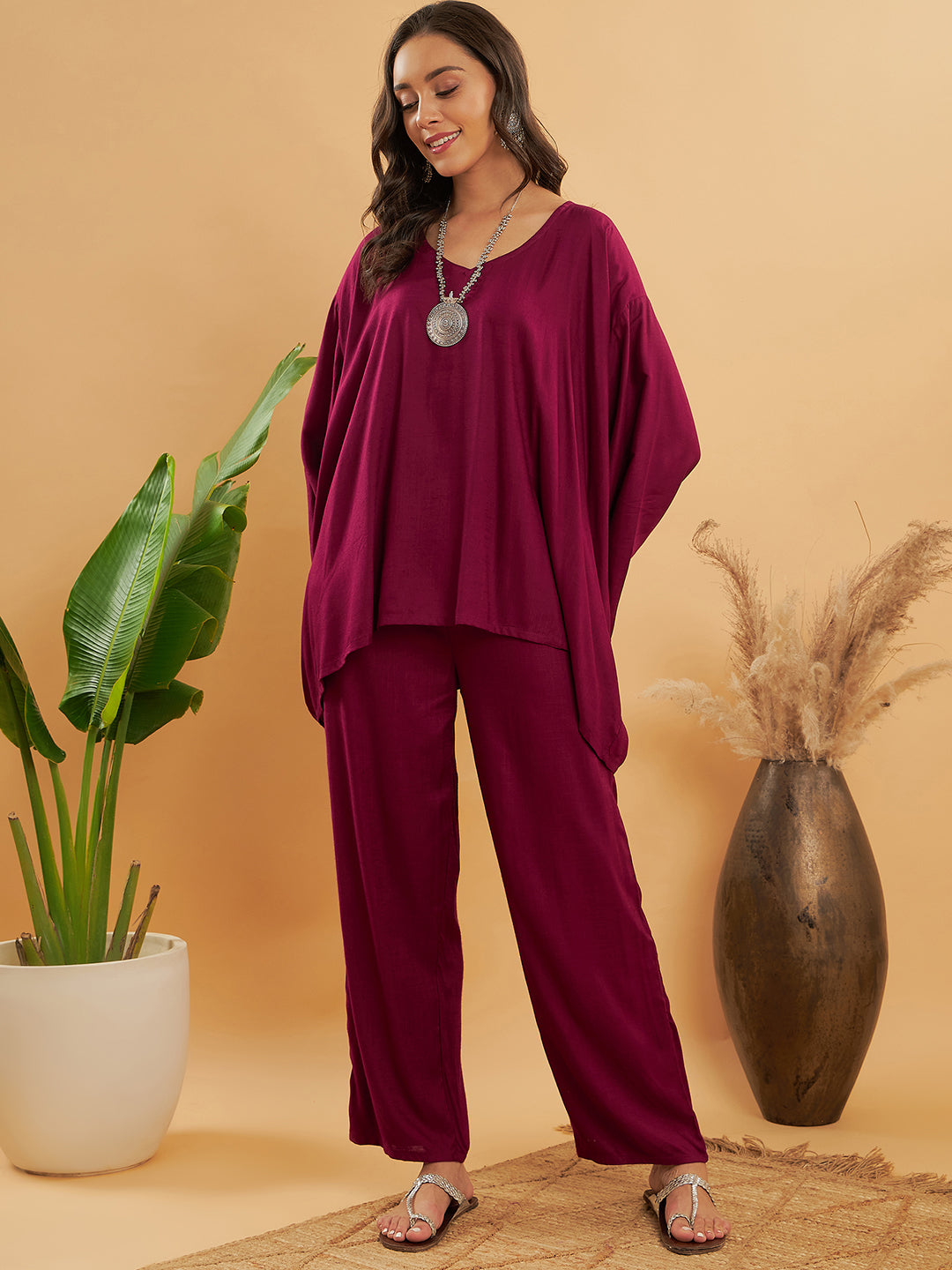 InWeave Women's Jam Wine Solid Boho Full Sleeve Coord Set - Swadesiicart