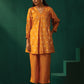 trueBrowns Mustard Geometric Floral Viscose Silk Front Pleat Co-ord Set - Swadesiicart