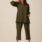 trueBrowns Olive Green Slub Texture Baggy Sleeve Co-Ord Set - Swadesiicart