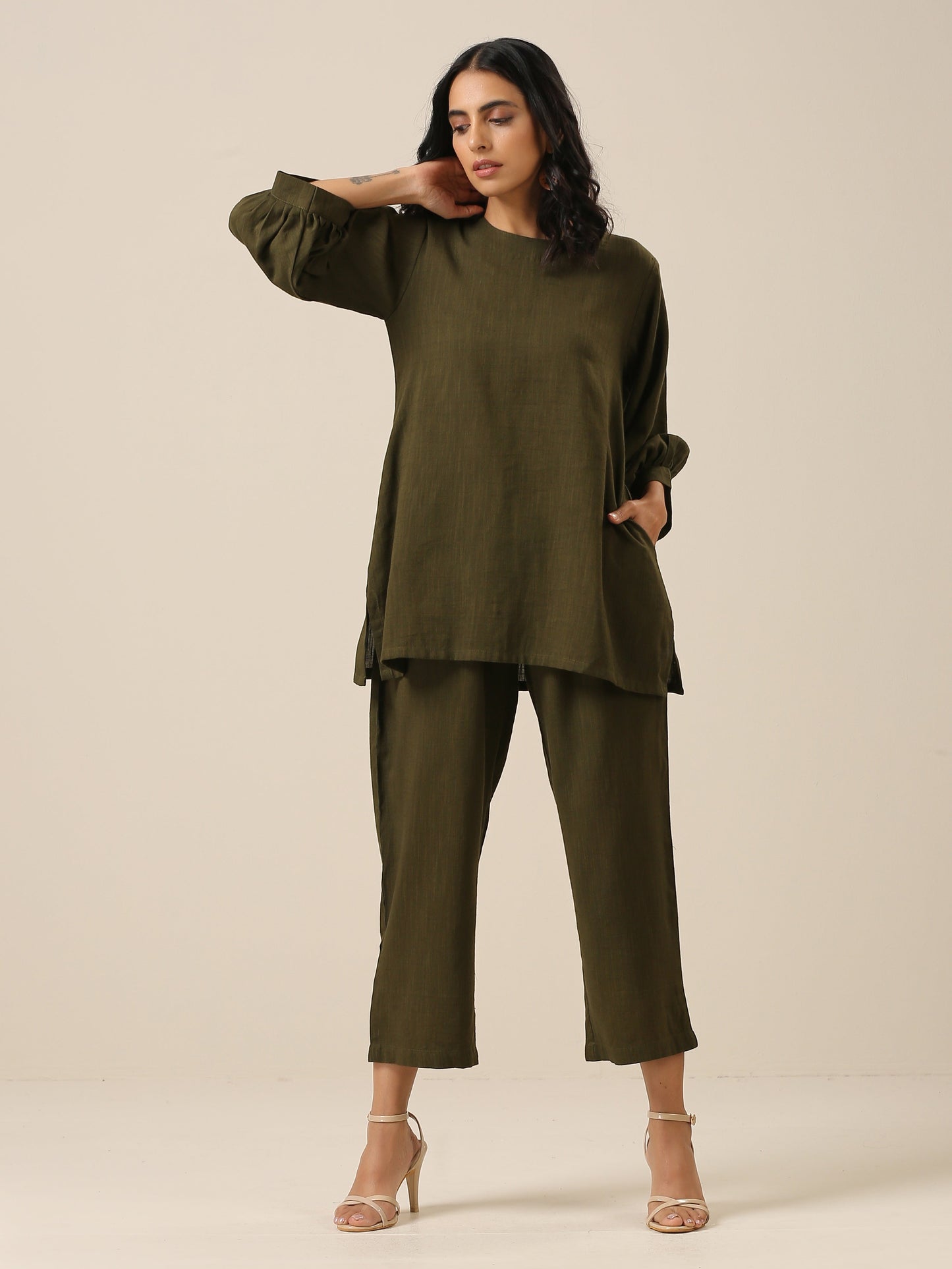 trueBrowns Olive Green Slub Texture Baggy Sleeve Co-Ord Set - Swadesiicart