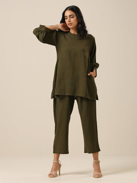 trueBrowns Olive Green Slub Texture Baggy Sleeve Co-Ord Set - Swadesiicart