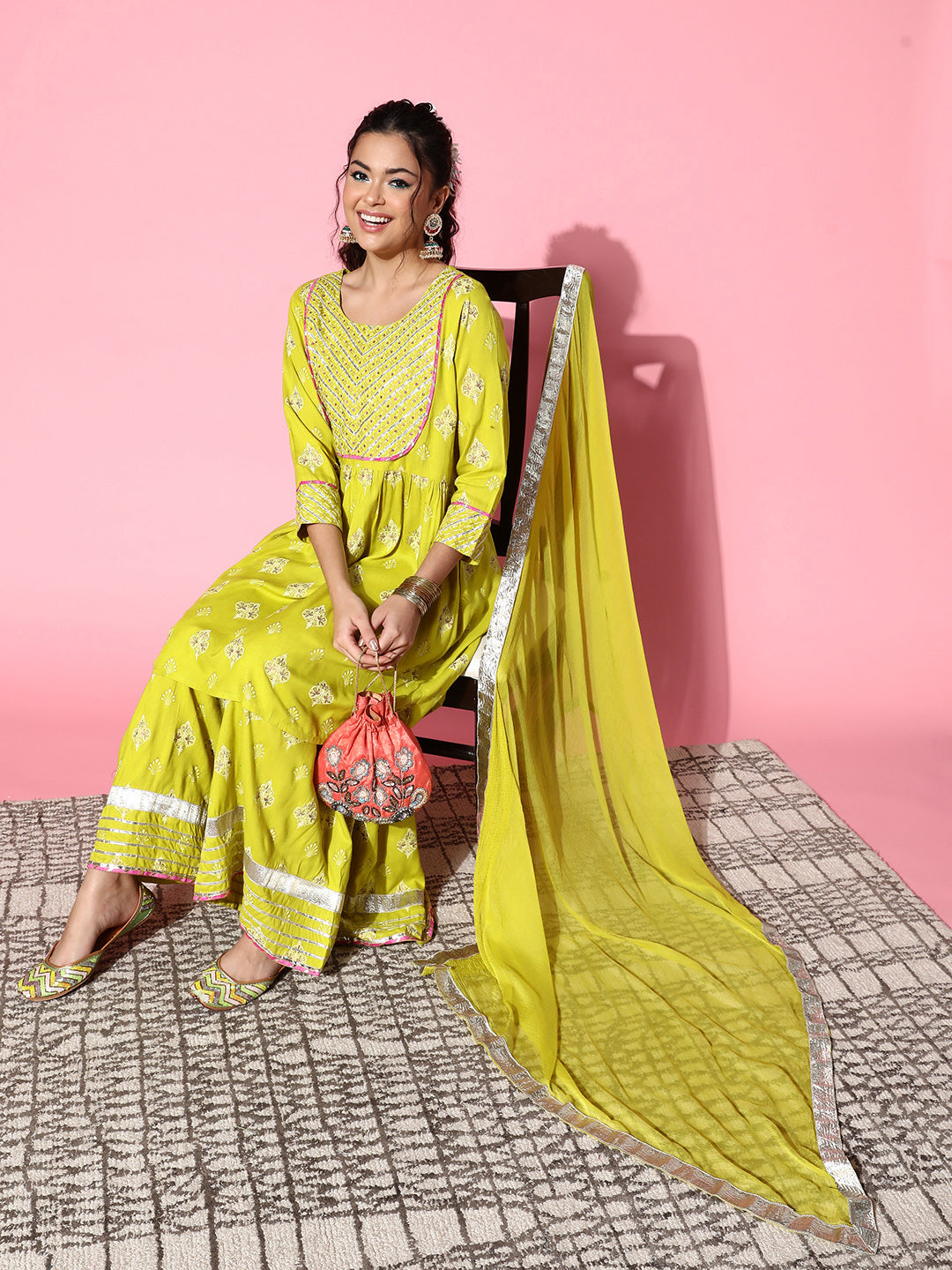 InWeave Women's Light Green Gota Work Kurta Sharara Set - Swadesiicart