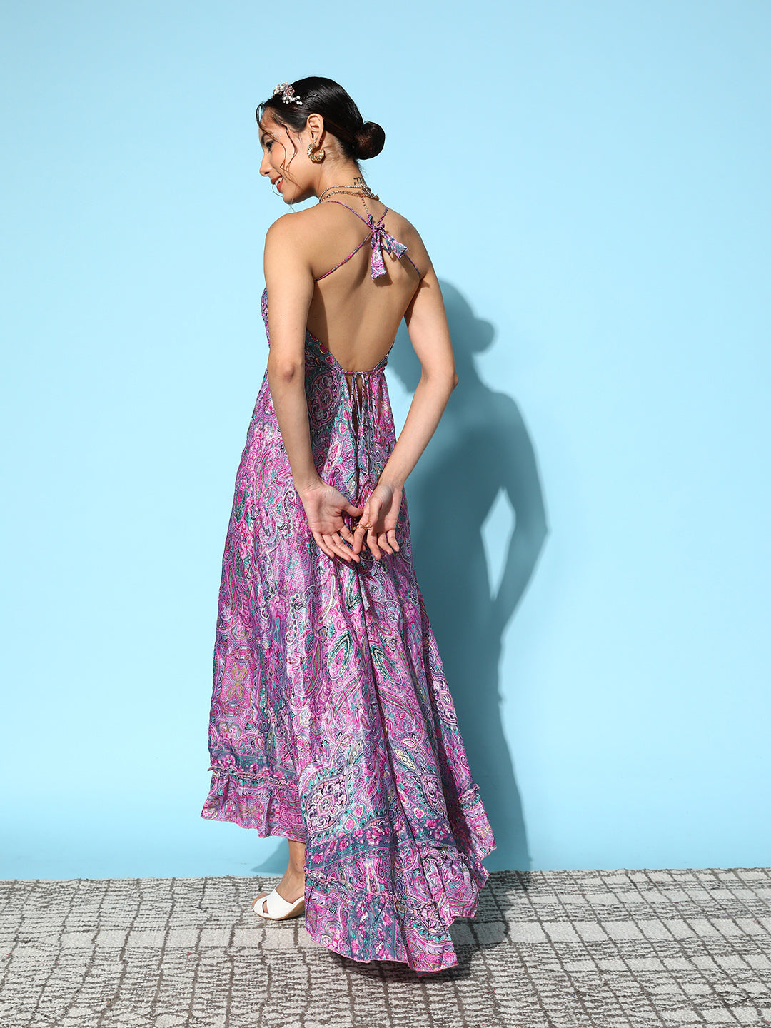 InWeave Women's Pink Paisley Print Back Detail Long Dress - Swadesiicart