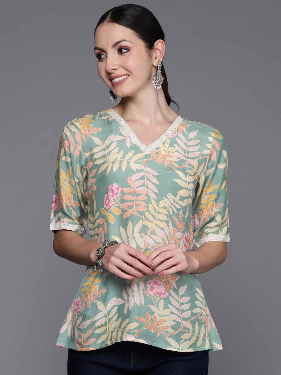 Ahalyaa Floral Printed Tunic with Lace Inserts Detail | Swadesiicart