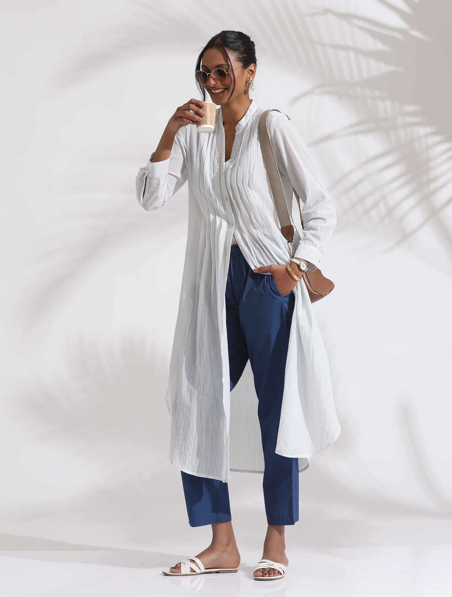 trueBrowns White Cotton Stripe Pleated Shirt Kurta Set | Swadesiicart