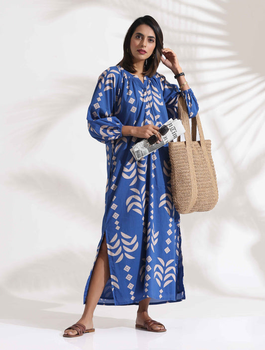 trueBrowns Blue Cotton Print Dress | Swadesiicart