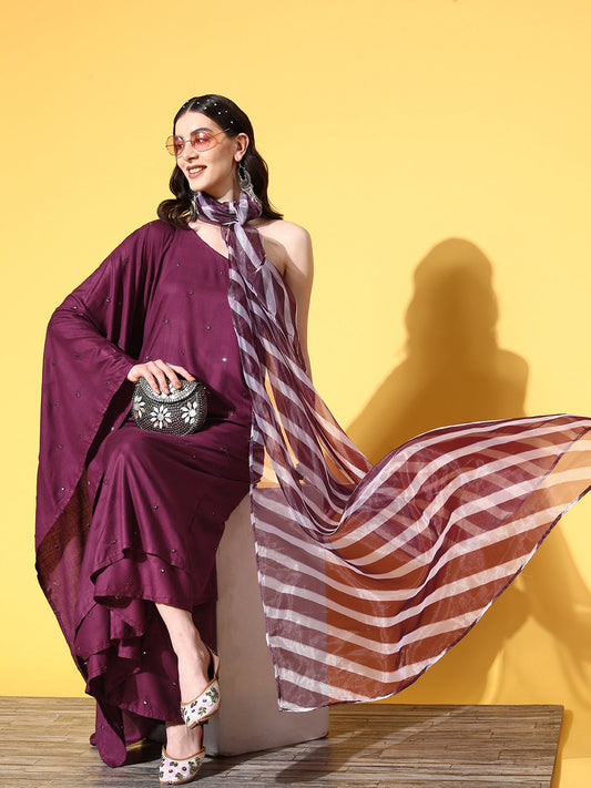 InWeave Women's Wine Mirror Work One Shoulder Kurta Set With Dupatta - Swadesiicart