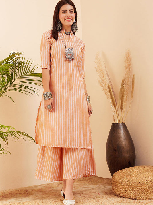 InWeave Women's Light Mustard Lurex Kantha Mandarin Neck Kurta Palazzo Set - Swadesiicart
