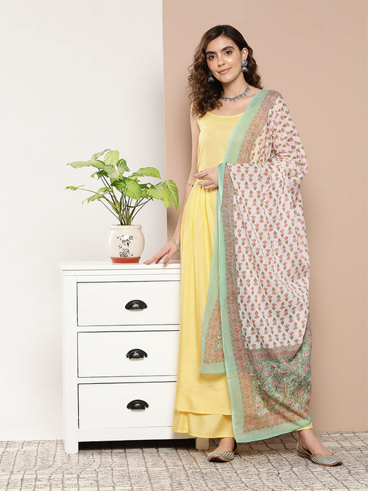 InWeave Women's Light Yellow Ray Strappy Set With Aqua Printed Border Dupatta - Swadesiicart