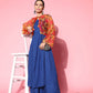 InWeave Women's Ink Blue Strappy Set With Pink Mustard Print Short Organza Cape - Swadesiicart