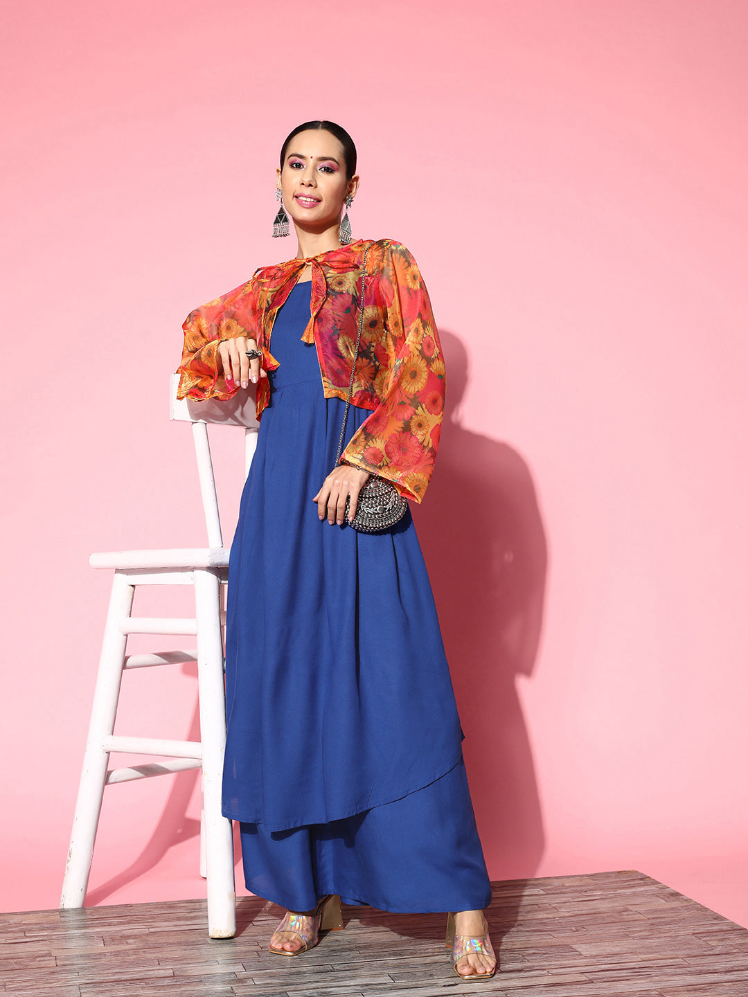 InWeave Women's Ink Blue Strappy Set With Pink Mustard Print Short Organza Cape - Swadesiicart