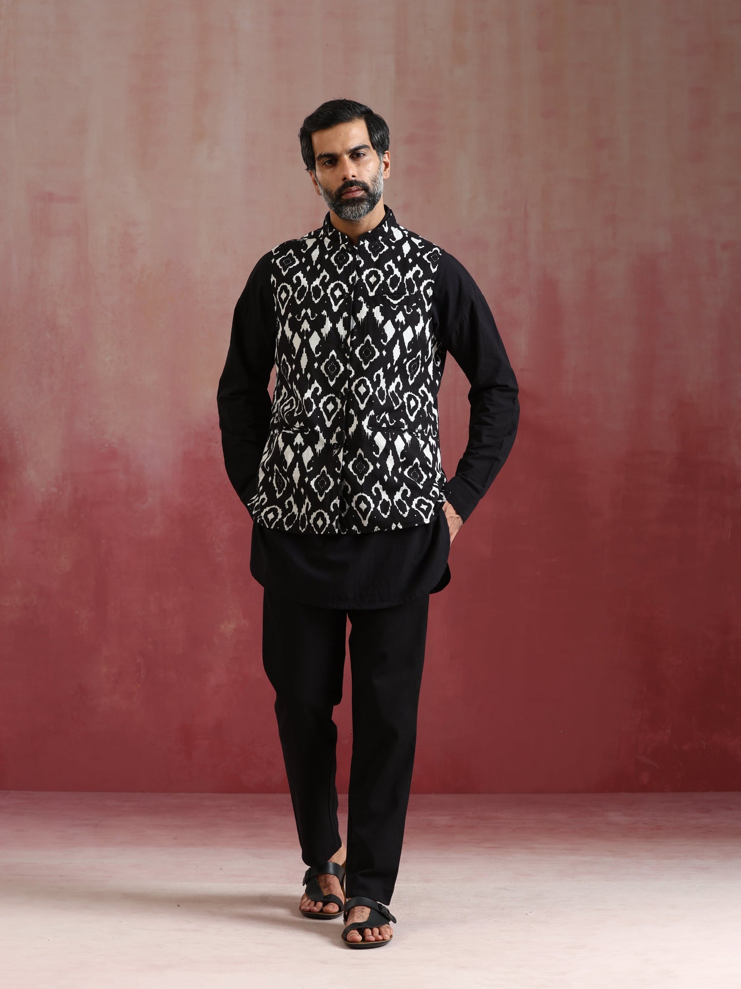 trueBrowns Men's Black Ikat Print Cotton Reversible Nehru Jacket | Swadesiicart