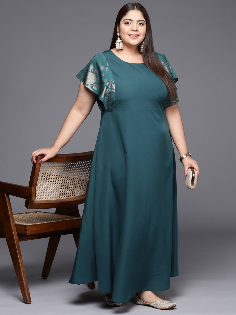 Ahalyaa Plus Size Floral Print Crepe Flared Sleeves A-line Maxi Ethnic Dress | Swadesiicart