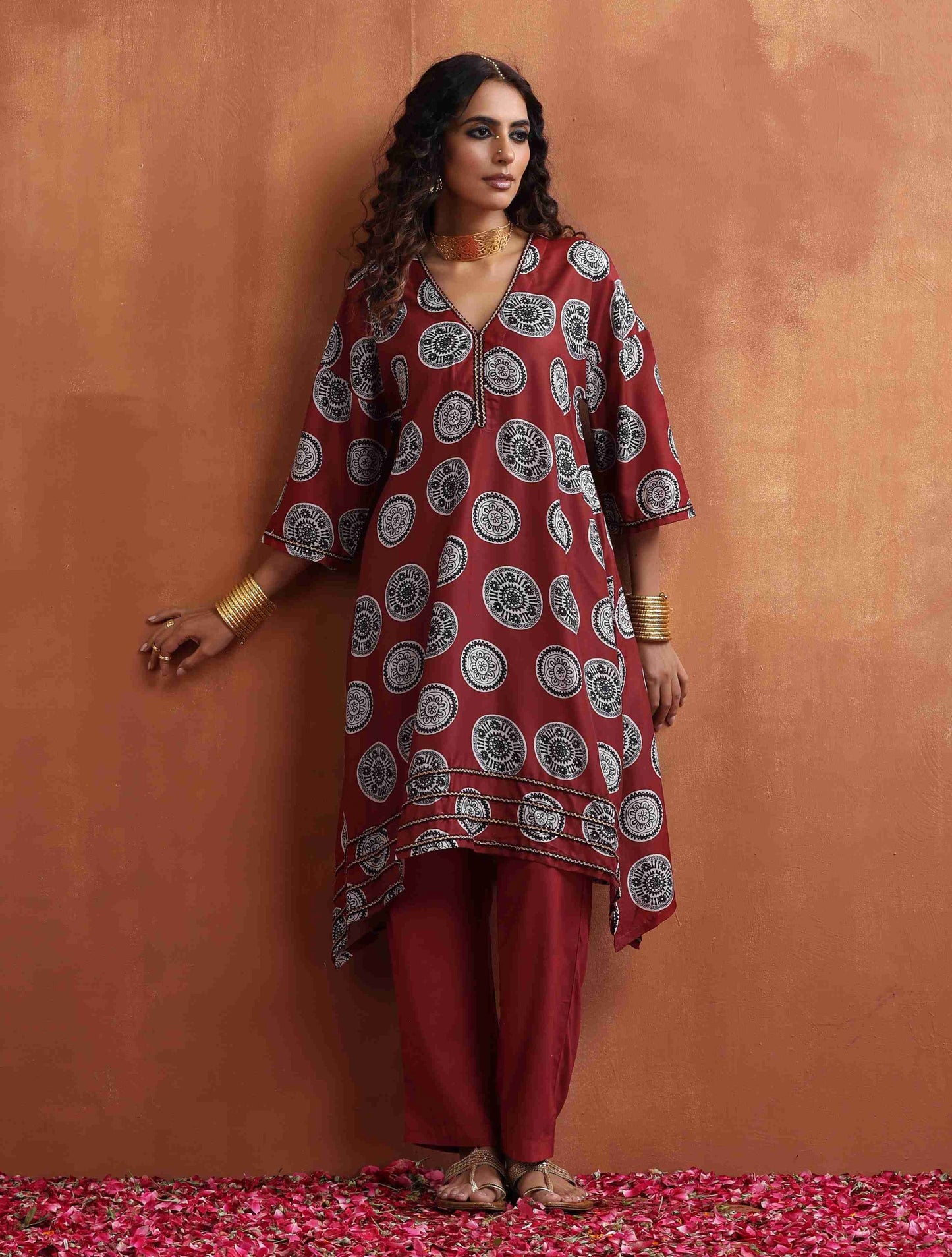 trueBrowns Maroon Print A-line Kurta Co-ord Set - Swadesiicart
