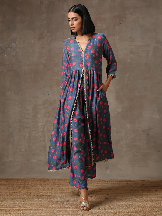 trueBrowns Blue Pink Printed Silk Kurta Pant Set | Swadesiicart