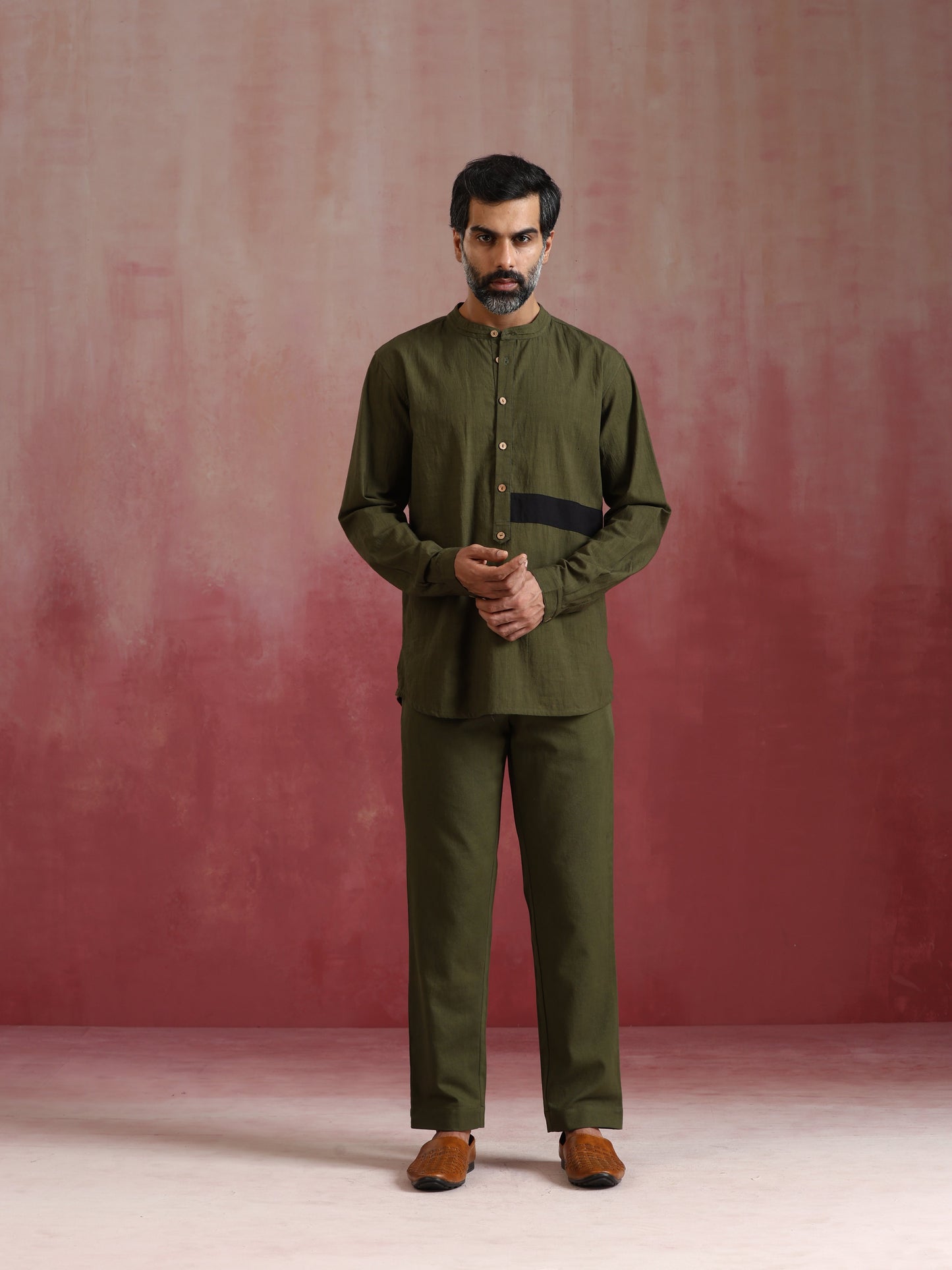 trueBrowns Men's Olive green Cotton Mandarin Collar Kurta Co-ord set - Swadesiicart