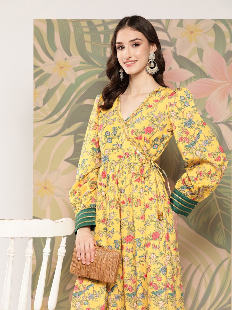 Ahalyaa Floral Printed Tie-Ups Crepe Empire Ethnic Dress | Swadesiicart