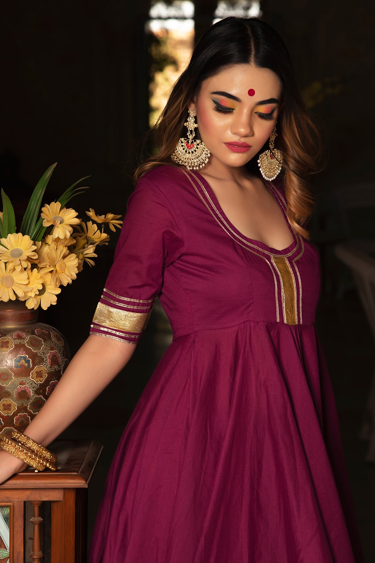 Pomcha Jaipur Burgundy Pure Cotton Anarkali Set | Swadesiicart