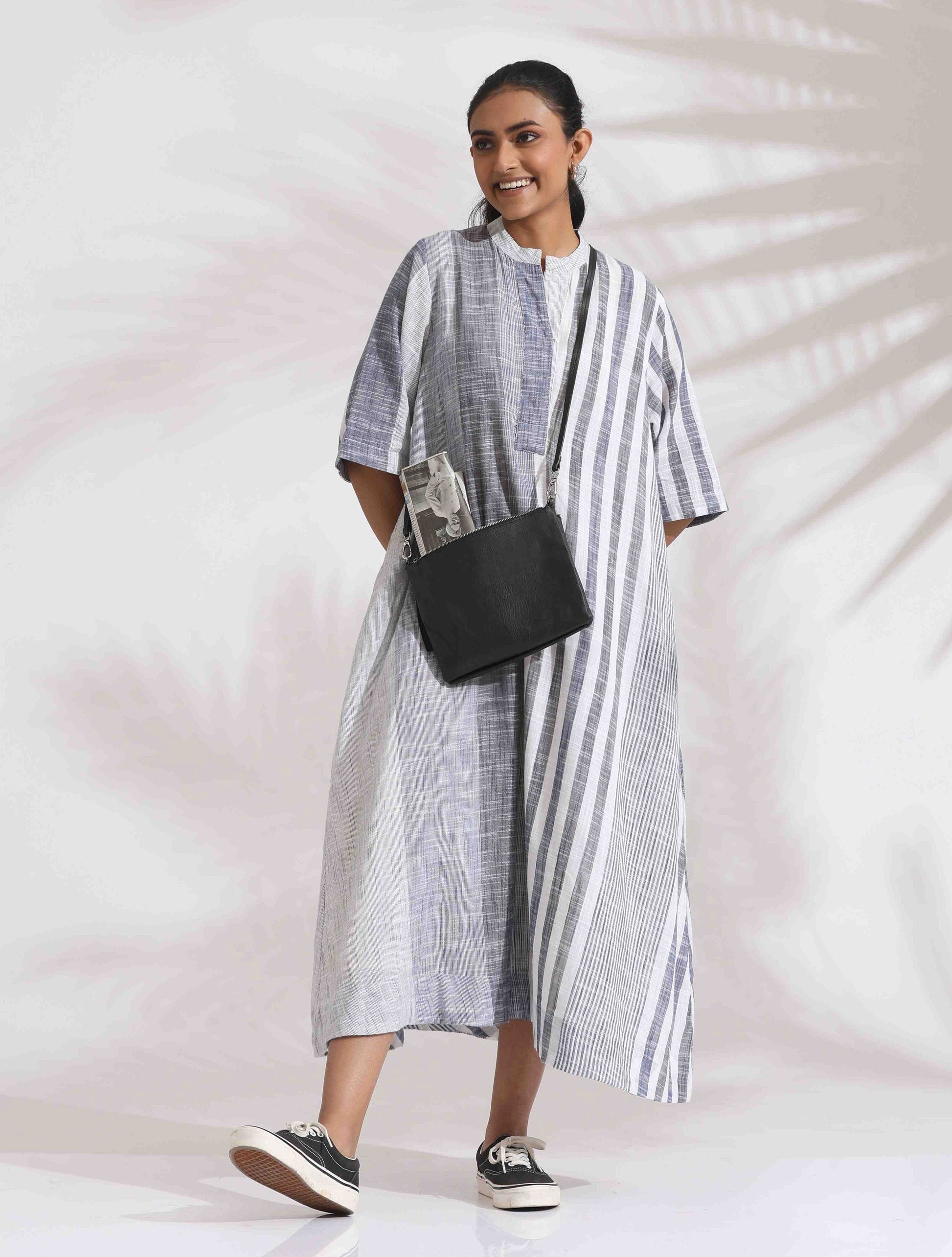 trueBrowns Off-White Cotton Multi Stripe Flared Dress | Swadesiicart