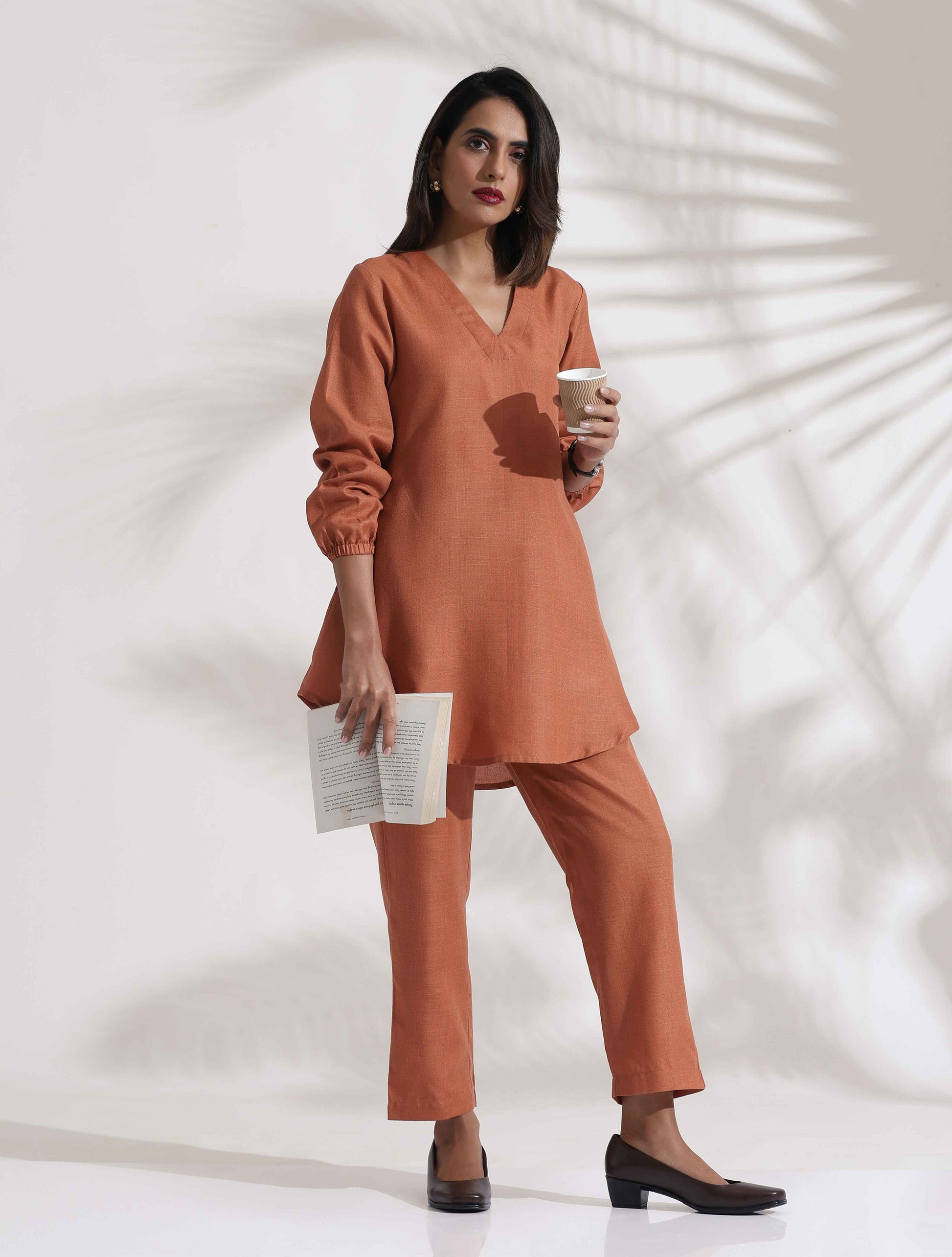 trueBrowns Rust Slub Co-ord Set - Swadesiicart