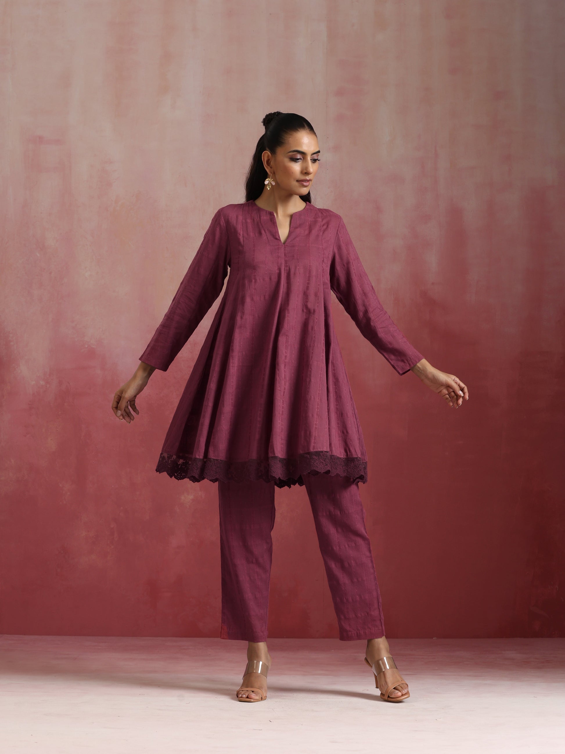 trueBrowns Mauve Cotton Dobby Co-ord set - Swadesiicart