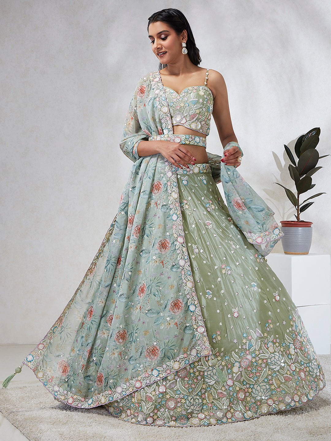 House of Panchhi Lime Green Chiffon Sequins And Thread Embroidery Lehenga Choli & Dupatta | Swadesiicart