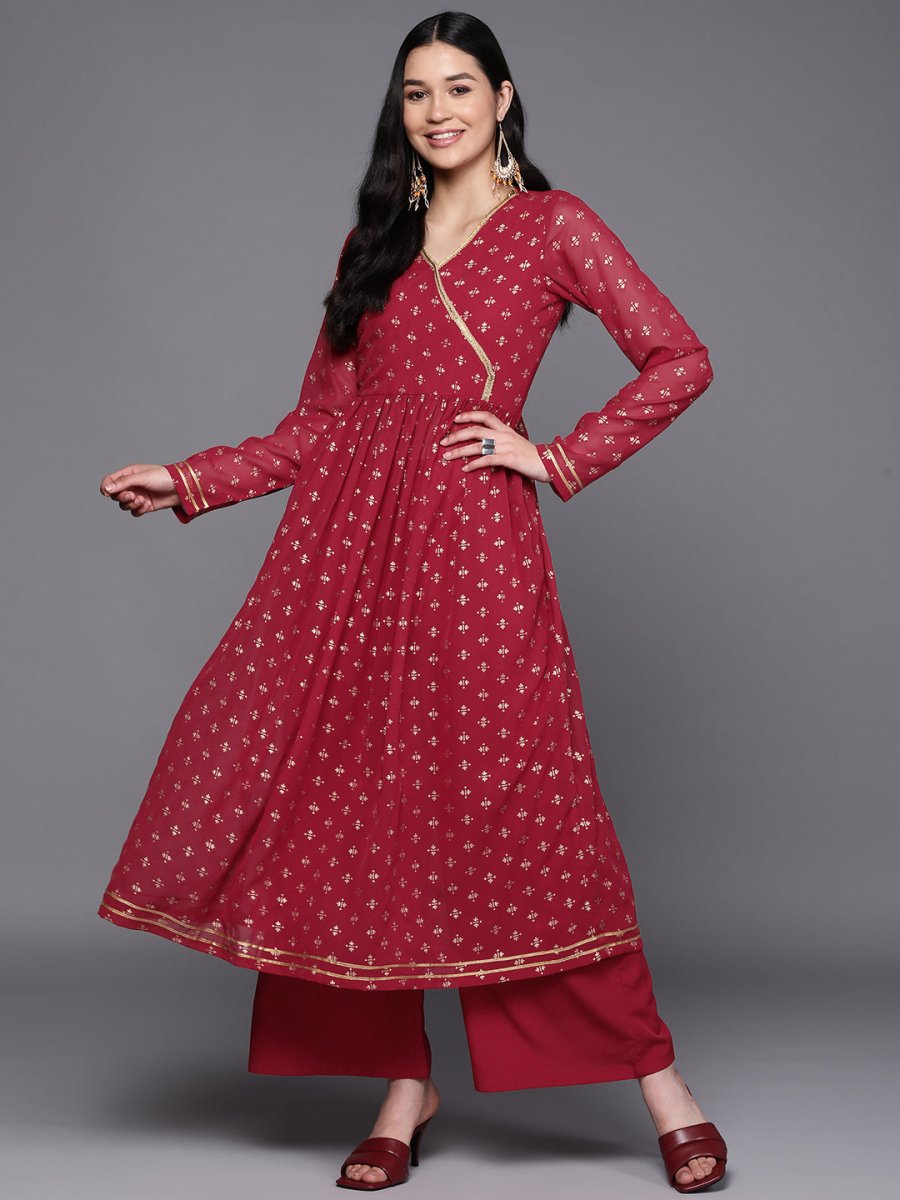 Ahalyaa Women Maroon Floral Empire Kurta with Palazzos | Swadesiicart