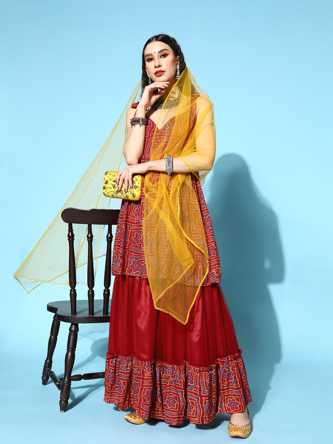 InWeave Women's Maroon Bandhani Net Sharara Set With Dupatta - Swadesiicart