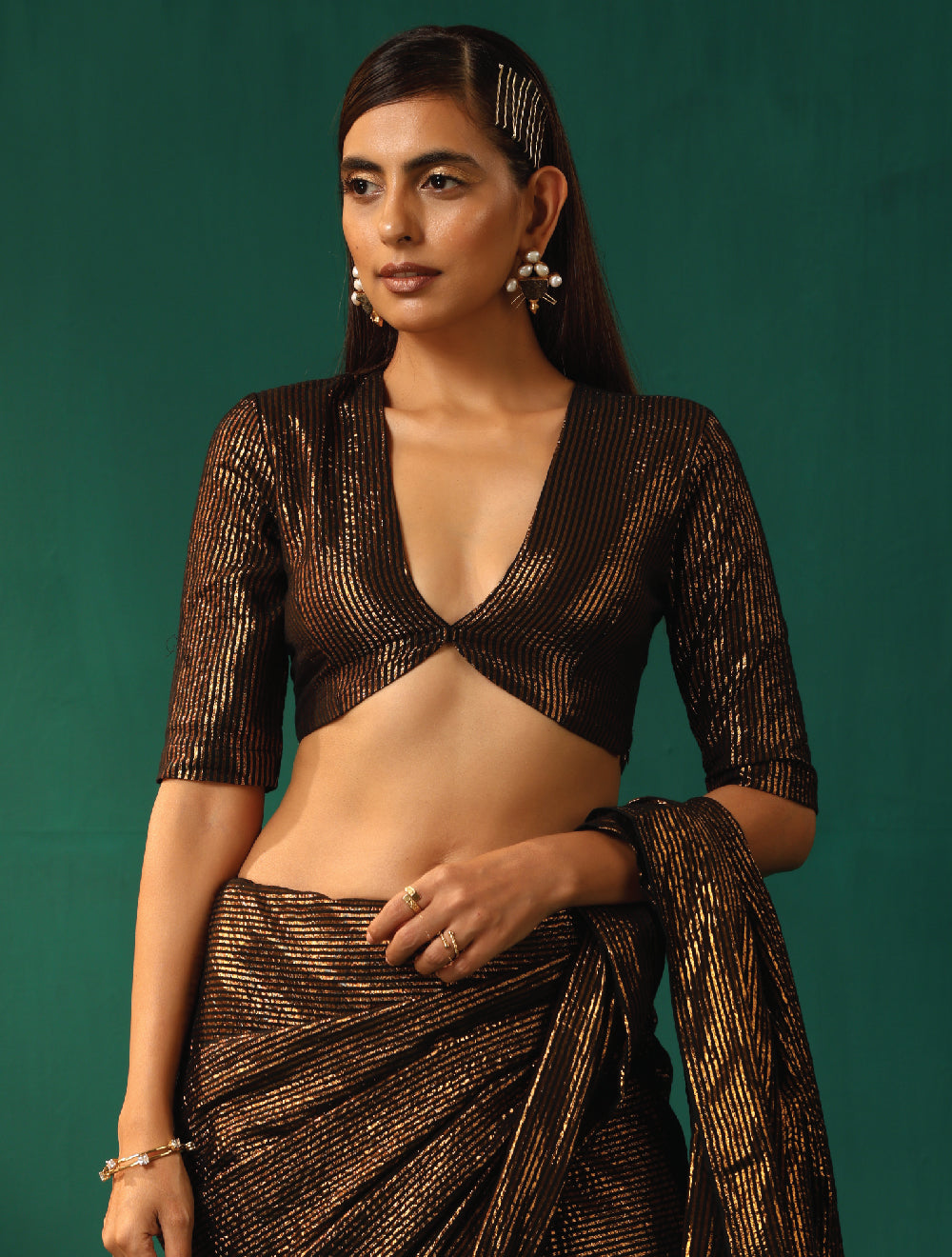 trueBrowns Black Cotton Gold Lurex Deep V-Neck Blouse | Swadesiicart