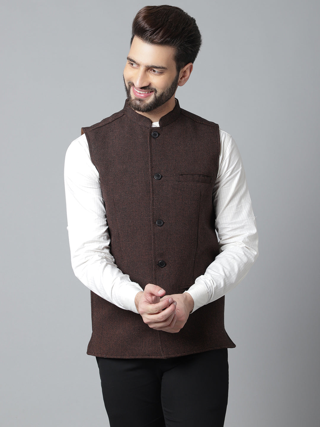 Even Apparels Men's Brown Nehru Jacket With Welt Pockets | Swadesiicart