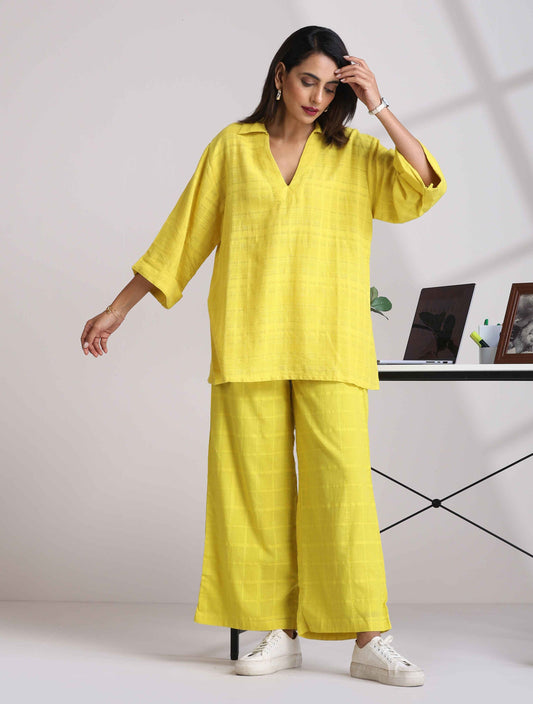 trueBrowns Lime Cotton Dobby V-Neck Co-ord Set - Swadesiicart