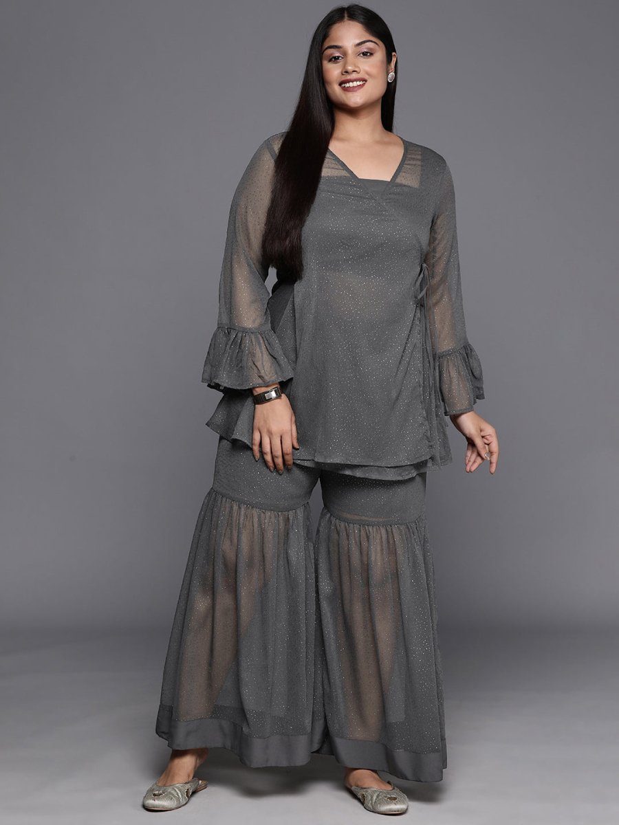 Ahalyaa Plus Size Ethnic Printed Chiffon Wrap Tunic with Sharara | Swadesiicart