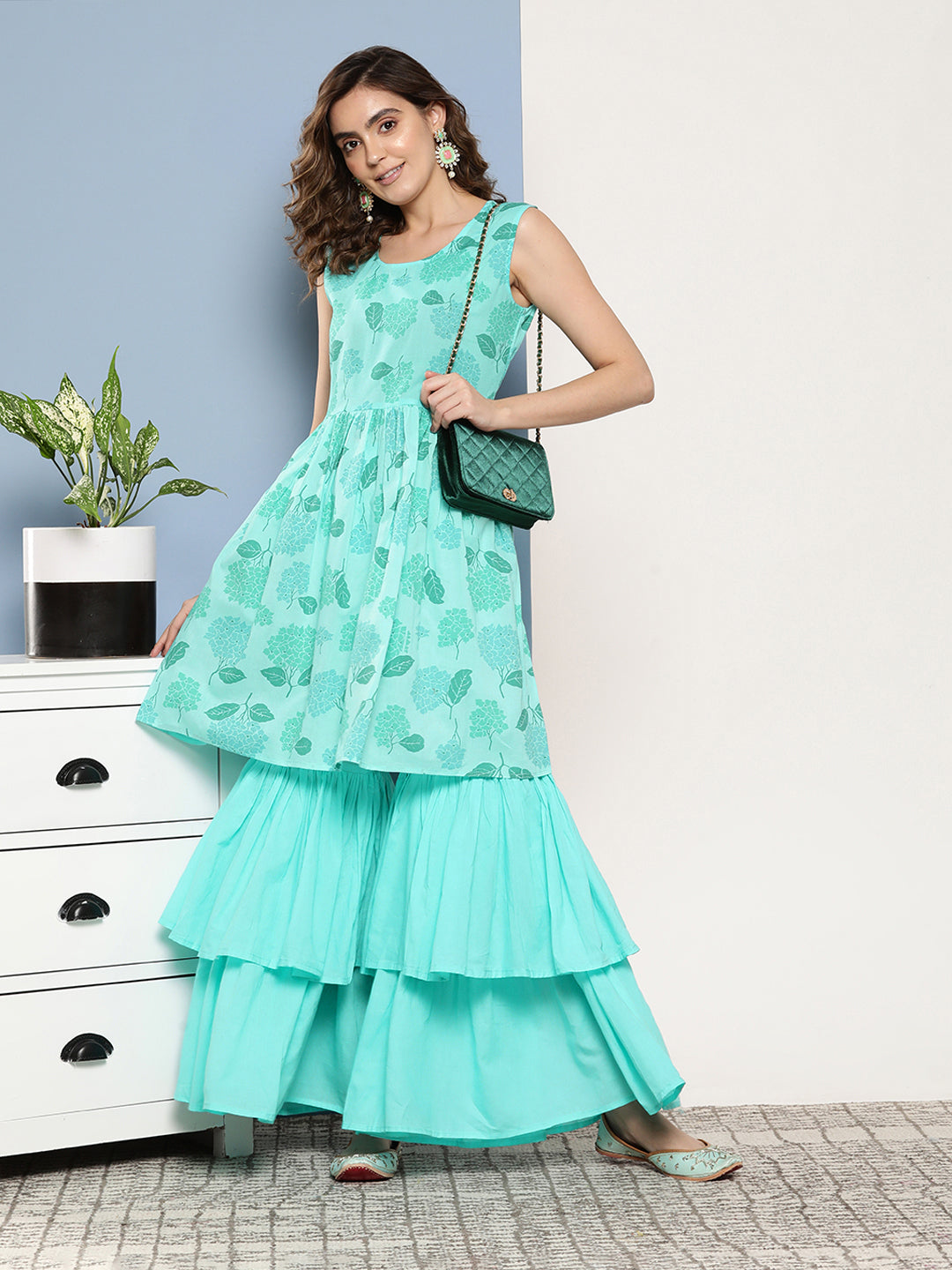 InWeave Women's Turquoise Printed Chintz Tiered Sharara Set - Swadesiicart