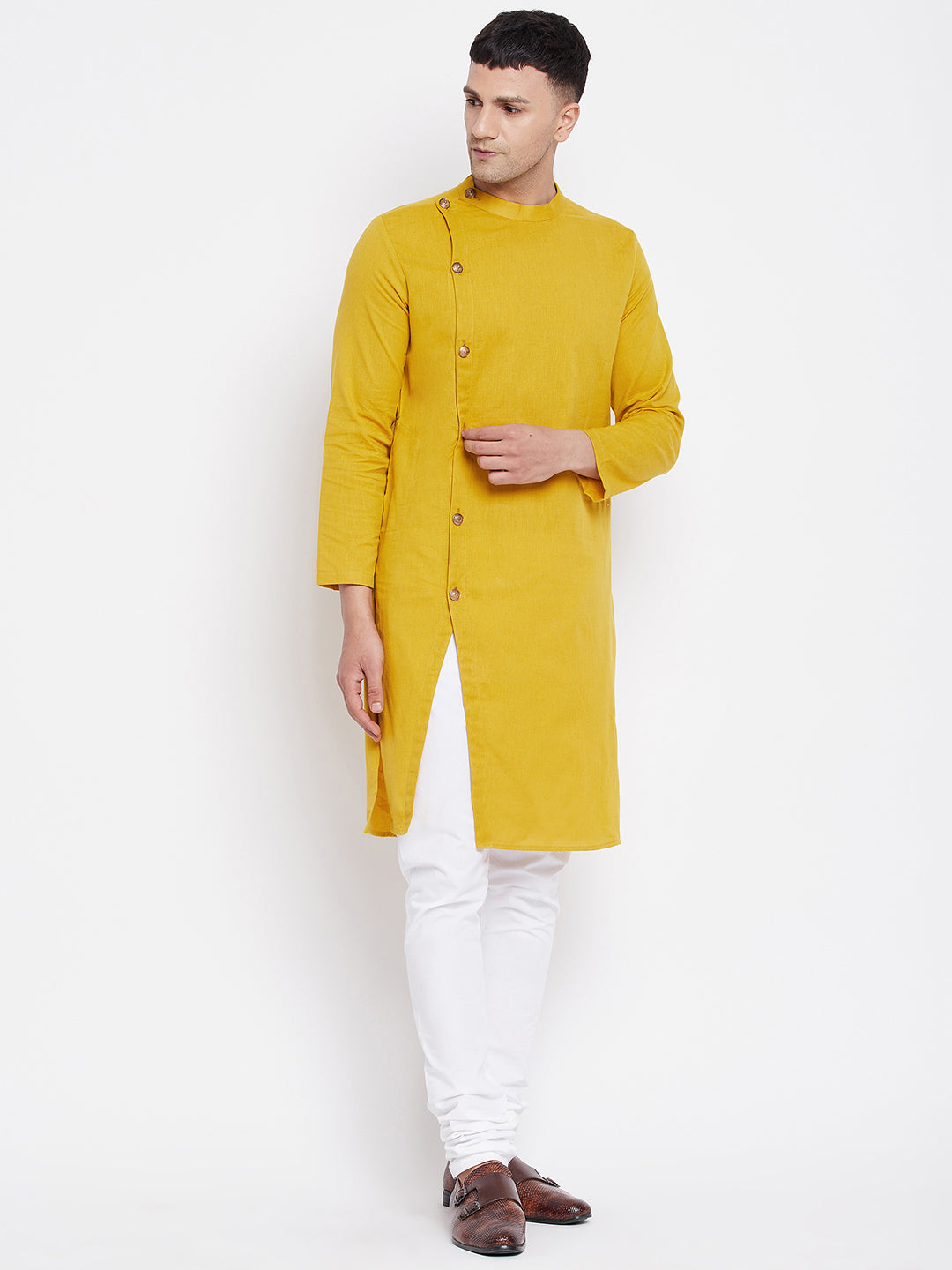 Even Apparels Yellow Pure Cotton Kurta With Band Collar | Swadesiicart