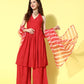 InWeave Women's Red Lace Work Backless Kurta Sharara Set With Lehariya Dupatta - Swadesiicart