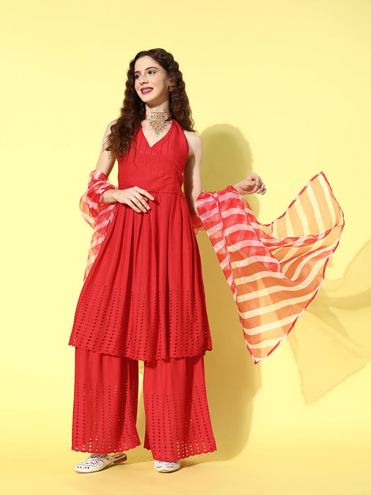 InWeave Women's Red Lace Work Backless Kurta Sharara Set With Lehariya Dupatta - Swadesiicart