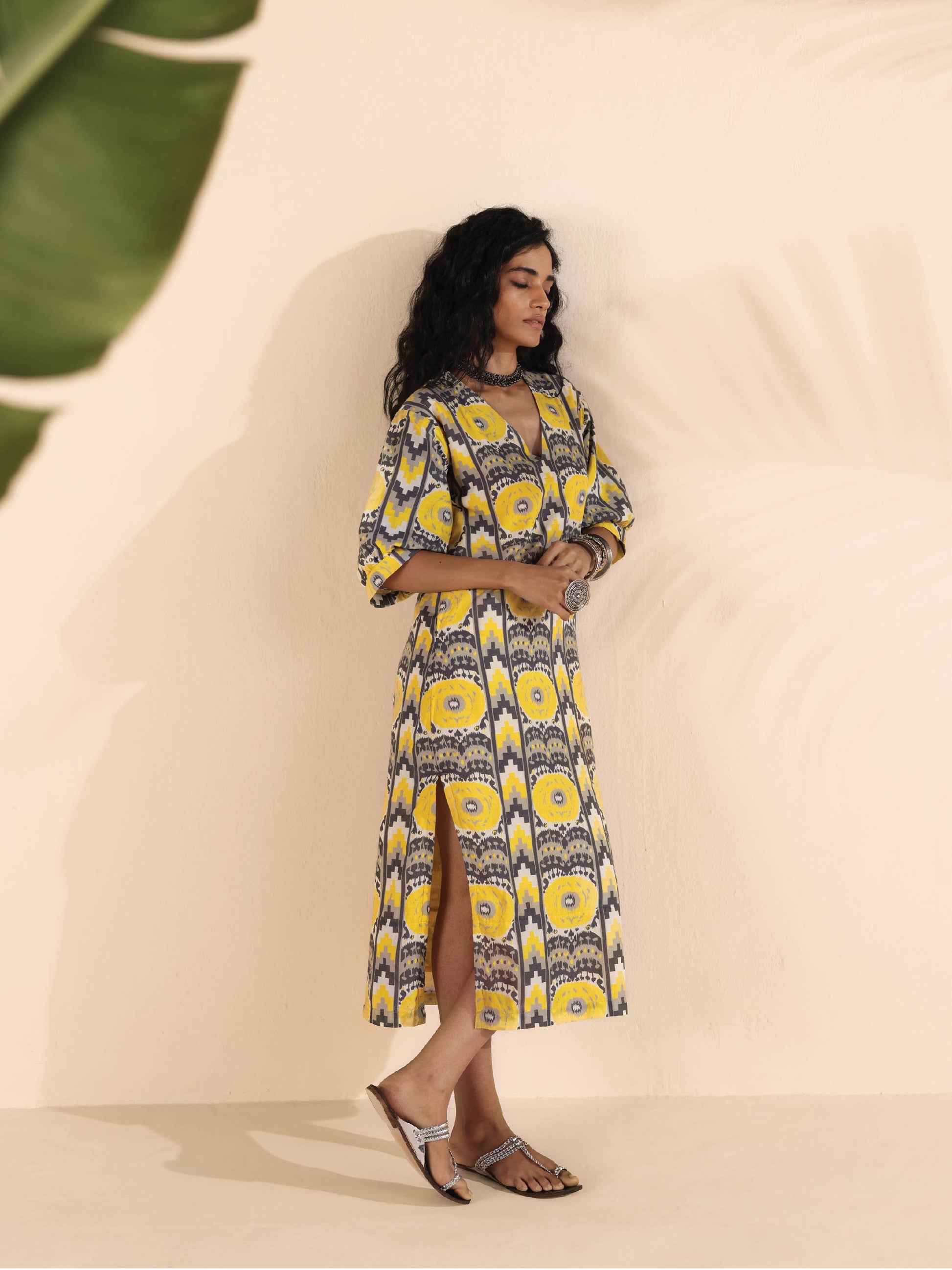 trueBrowns Yellow Cotton Ikat Slit Dress | Swadesiicart