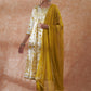InWeave Women's White Mustard Lurex Leaf Print Patch Gota Kurta Set W Mustard Dupatta - Swadesiicart