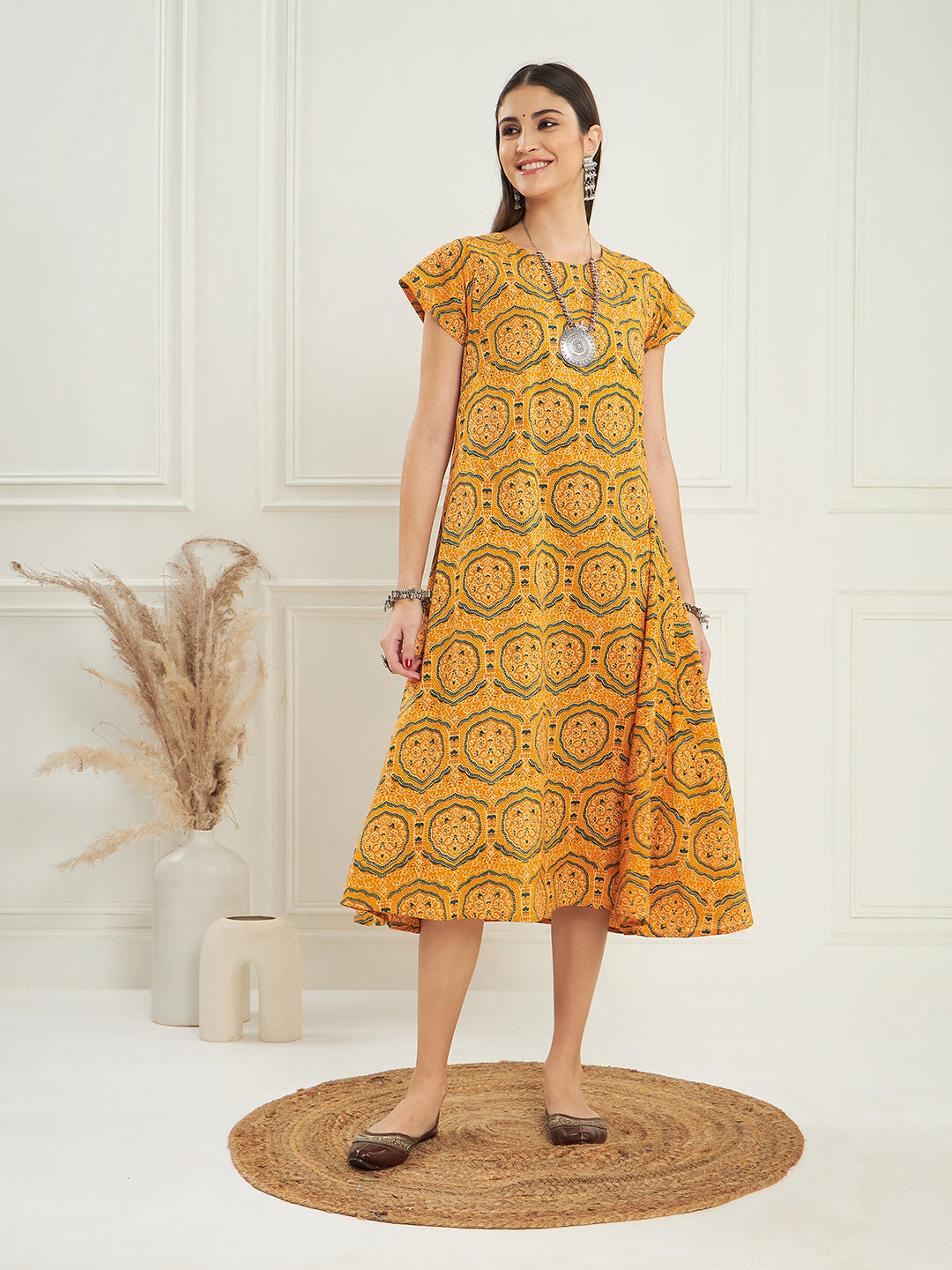 InWeave Women's Haldi Yellow Mughal Kalamkari A Line Dress - Swadesiicart