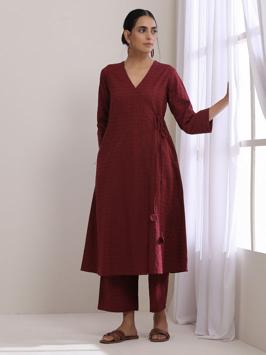 trueBrowns Ruby Wine Dobby Angrakha Pant Set | Swadesiicart