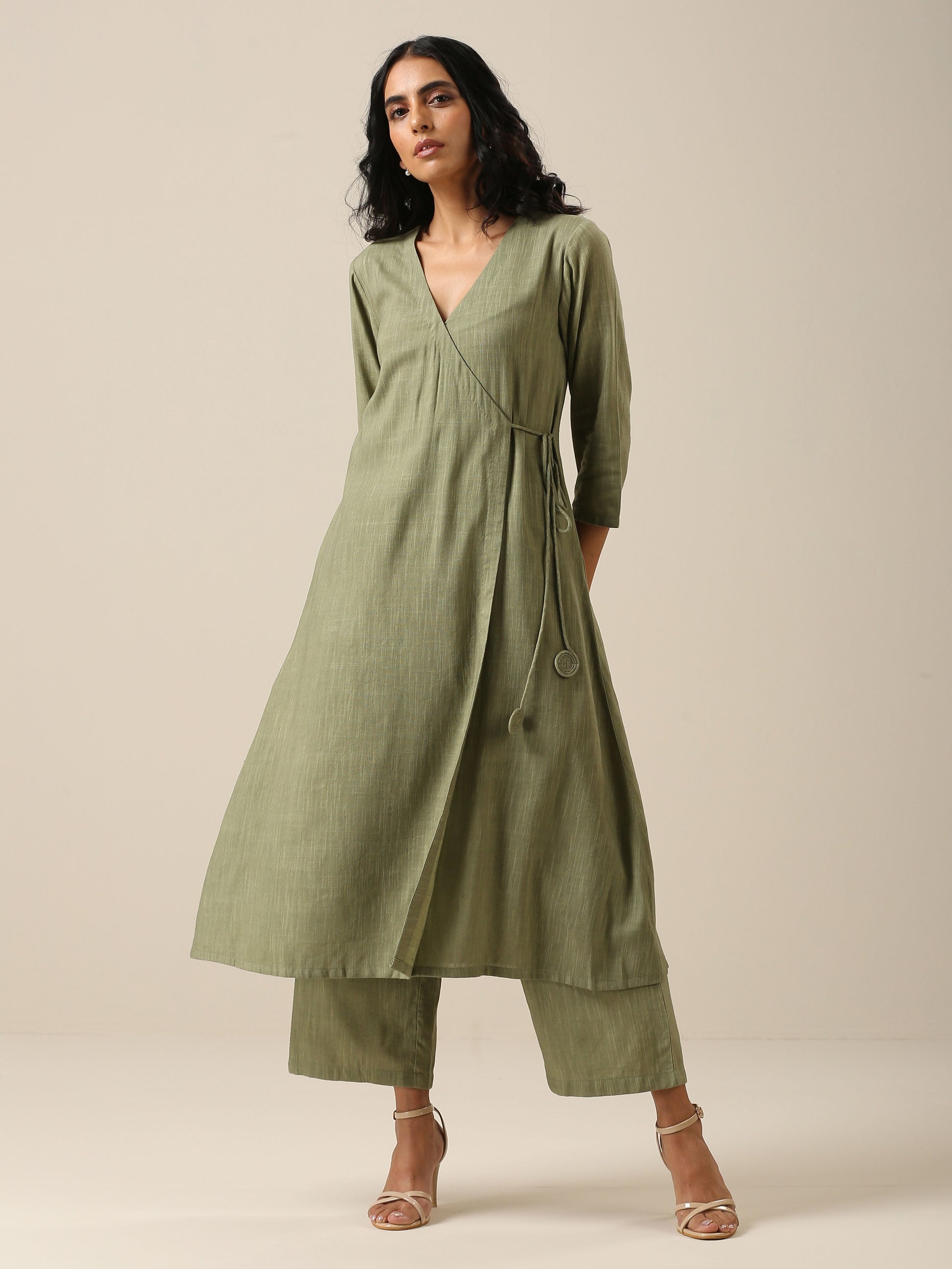 trueBrowns Sage Slub Texture Angrakha Pant Set | Relove | Swadesiicart