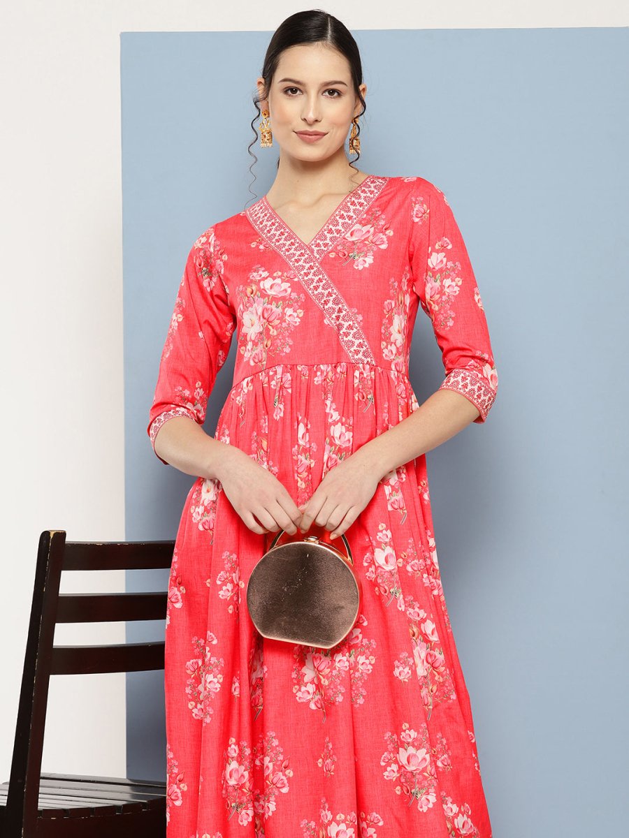 Ahalyaa Floral Printed Pleated Maxi Empire Ethnic Dress | Swadesiicart